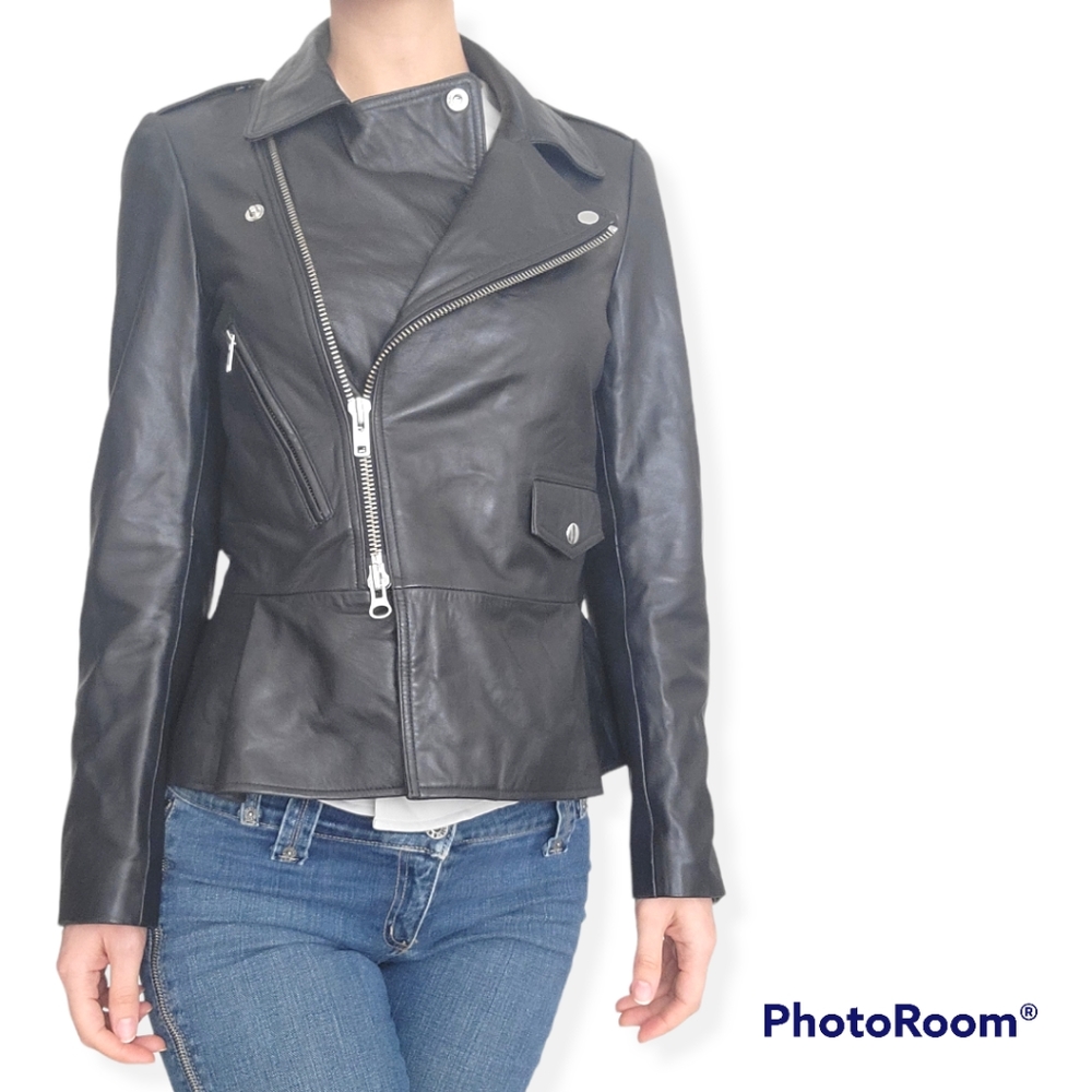 Black Biker Fit and Flare Leather Jacket by Barney's New York Size XS